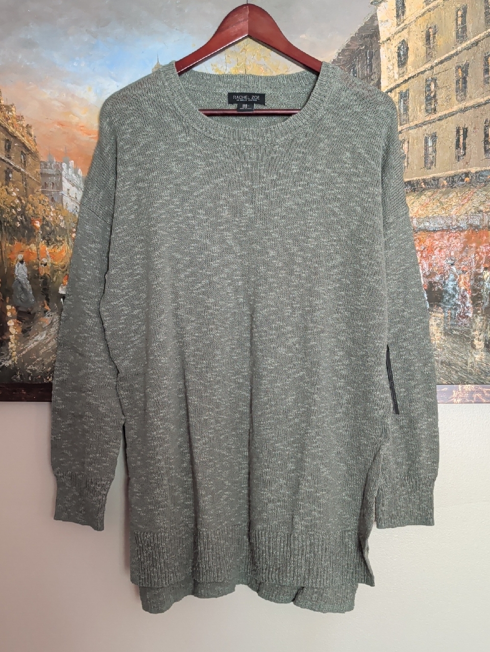 Rachel Zoe Sage Green Marled Knit Oversized Linen Blend Tunic Pullover